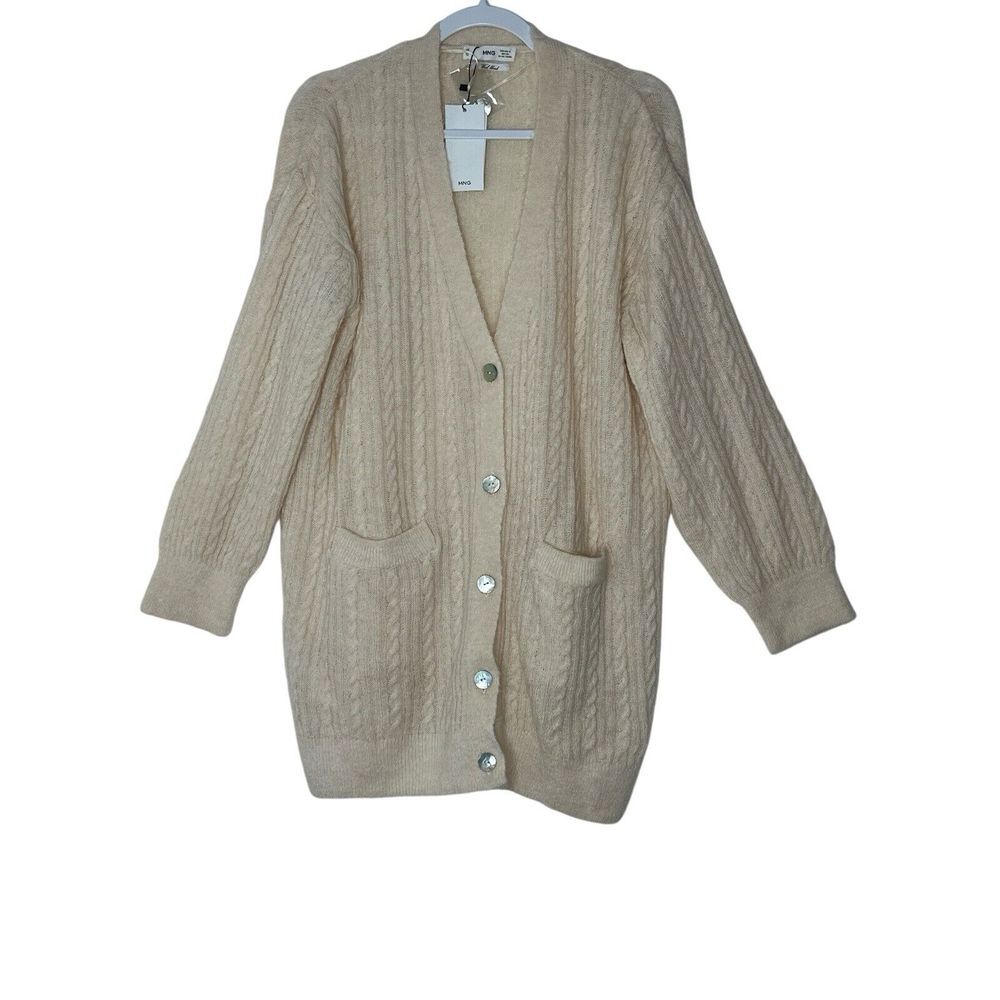 New MNG By MANGO Cardigan Women XL IVORY CABLE KNIT POCKETS BUTTON  Outdoor Cozy